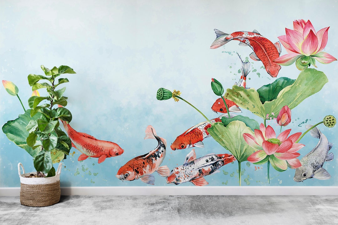 Koi Fish Watercolor Asian Art Wallpaper Chinoiserie Lotus Etsy