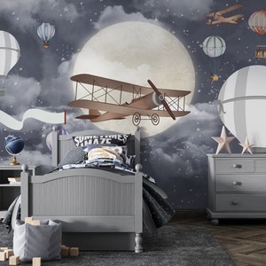 Sky Clouds Child Room Wall Murals, Planes Kids Wallpaper, Hot Air Balloons Sky Moonlight Looking Baby Room Mural Decor, Nursery Wallpaper