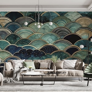 Pastel Green Neutrale Watercolor Mural, Custom Size Modern Abstract Wall Mural, Living Room Bathroom Asian Style Self Adhesive Paper