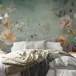 Pastellgrüne Farben Chinoiserie Florals Schälen und Aufkleben Tapete, Blätter und Zweig Wandbild, Asiatische Blumen Pfingstrose Selbstklebendes Papier