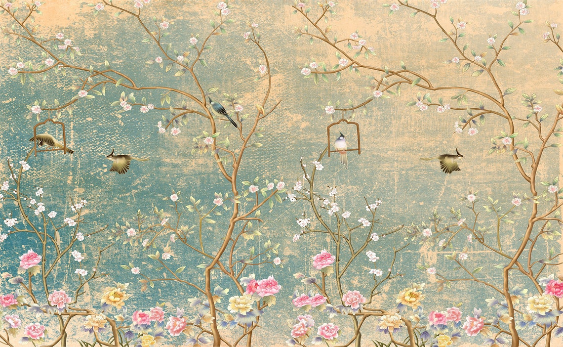 Chinoiserie Floral Wallpaper Asian Art Flowers Elegant Easy Etsy