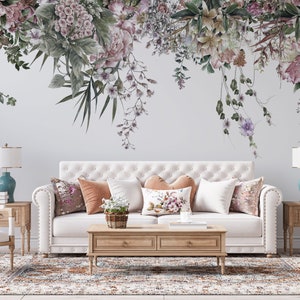 Spring Flowers Wallpaper, Flowers Mural Decor, Botanical Hanging Flowers Leaves Wallpaper, Living Room Floral Walpaper, Peony Blossom Murals