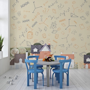 May include: A child's playroom with a light beige wall decorated with math equations and science-themed doodles. A round gray table with four blue chairs sits in front of a wall mural of houses and trees. A toy truck is on the table.