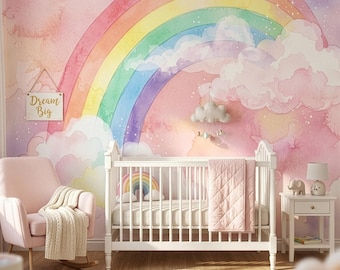 Pastel Watercolor Rainbow Wallpaper Nursery Cloud Wall Mural