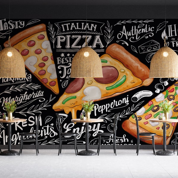 Pizza Restaurant Wallpaper, Pizza Fast Food Pattern Peel and Stick Wallpaper Removable Wall Prints, Customizable Fast Food Cafe Mural