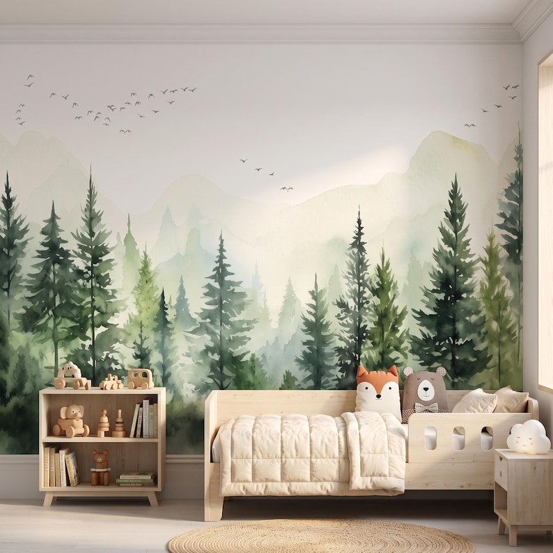Misty Sage Green Pine Forest Nursery Wall Mural Watercolor Woodland ...