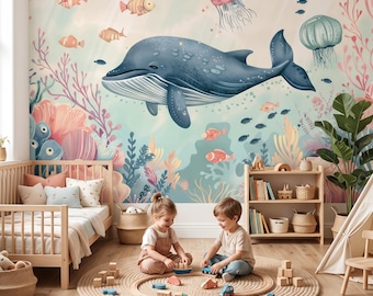 Watercolor Whale Wallpaper, Under The Sea Wall Mural, Nursery Ocean Decor