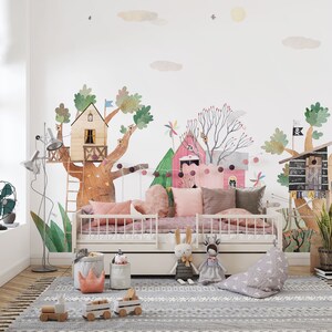 Baby Kids Room Wallpaper, Kids Room Tree Houses Mural, Child Room Peel and Stick Wall Mural, Magic Forest Nursery Self Adhesive Wall Mural