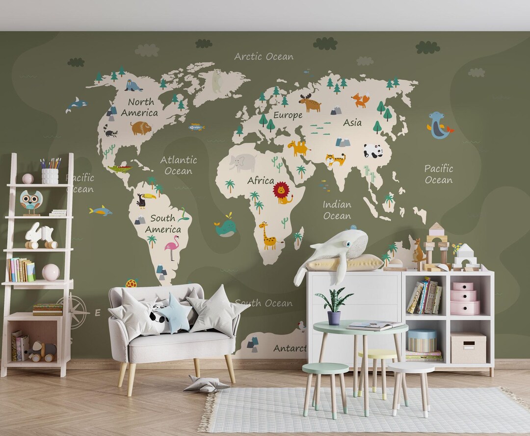 Pastel Green World Map Peel and Stick Kids Wallpaper - Child Room Decor ...