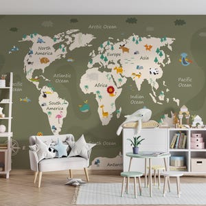 Papel tapiz educativo con mapa del mundo detallado para niños, papel tapiz personalizado con mapa del mundo para niños, papel tapiz despegable y adhesivo de color verde para habitación infantil.
