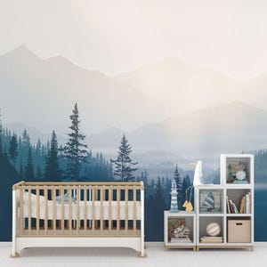 Baby Kids Wallpaper, Mountain and Trees Peel and Stick Wall Mural, Self Adhesive Nursery Wall Mural, Child Room Mountain Decor Forest Decal
