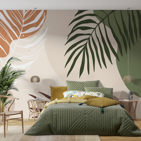 Customizable Mid Century Modern Abstract And Tropical Details Self Adhesive Wallpaper, Pastel Color Boho Easy Removable Mural, Peel & Stick