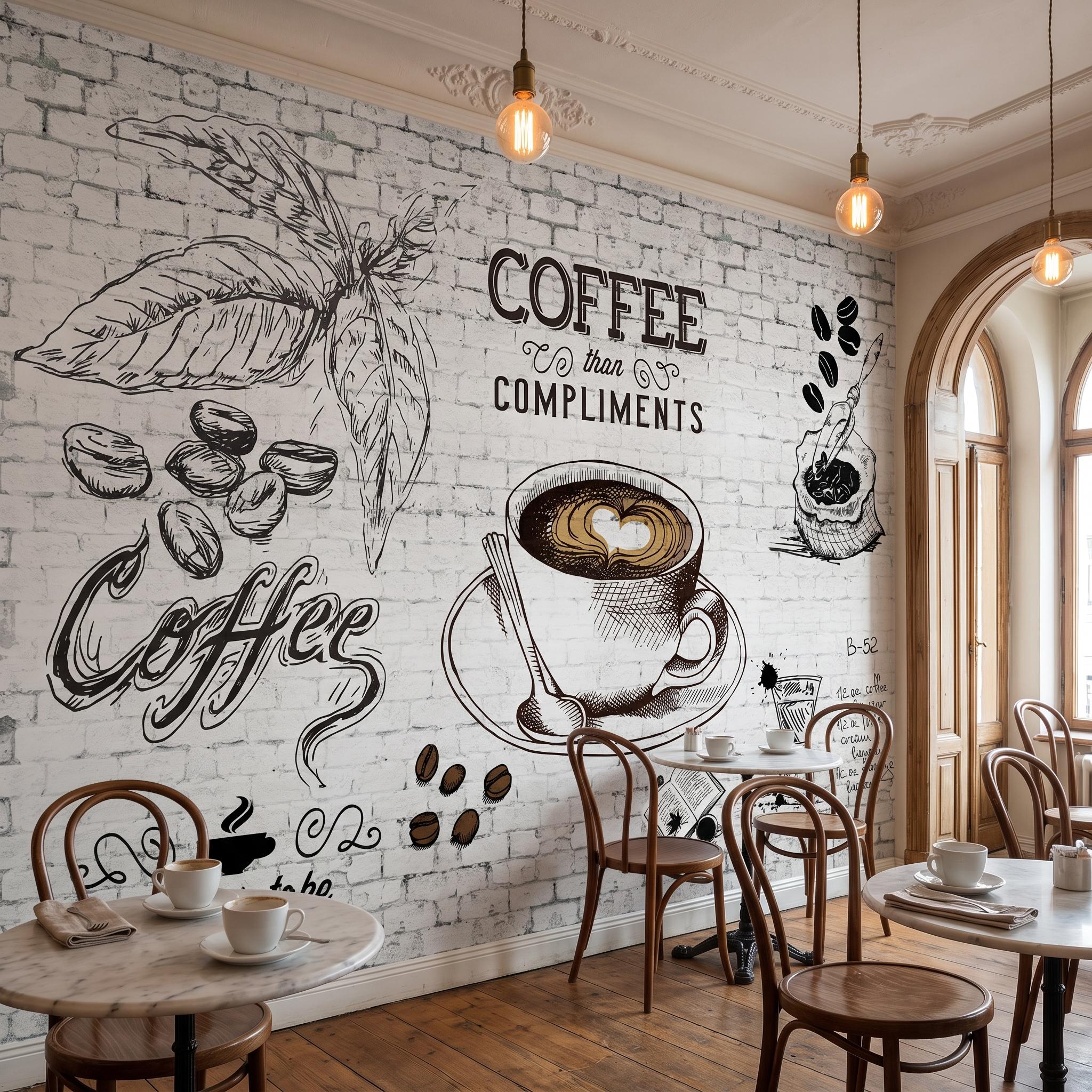 Coffee Shop Wall Mural, Vintage Cafe Brick Wallpaper for Kitchen