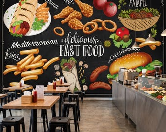 Fast Food Wall Mural, Chalkboard Restaurant Wallpaper, Burger Shop Accent Decor