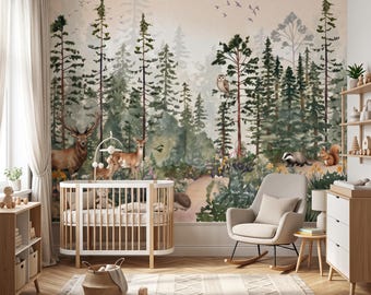 Woodland Nursery Wallpaper Watercolor Forest Animals Wall Mural Peel and Stick