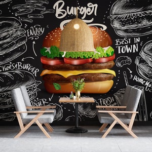 Papel pintado personalizable de hamburguesas y comida rápida, mural de pared autoadhesivo culinario, murales de pared de hamburguesas con fondo negro de cafetería bistró