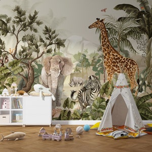 Carta da parati con tema safari per bambini, carta da parati murale con tema giungla per cameretta, carta da parati con animali della giungla per cameretta, carta da parati per bambini, carta da parati per cameretta dei bambini