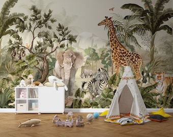 Safari Wallpaper - Jungle Wall Mural - Nursery Jungle Animals - Nursery Decor, Kids Wallpaper - Kids Room Wallpaper - Nursery Wallpaper