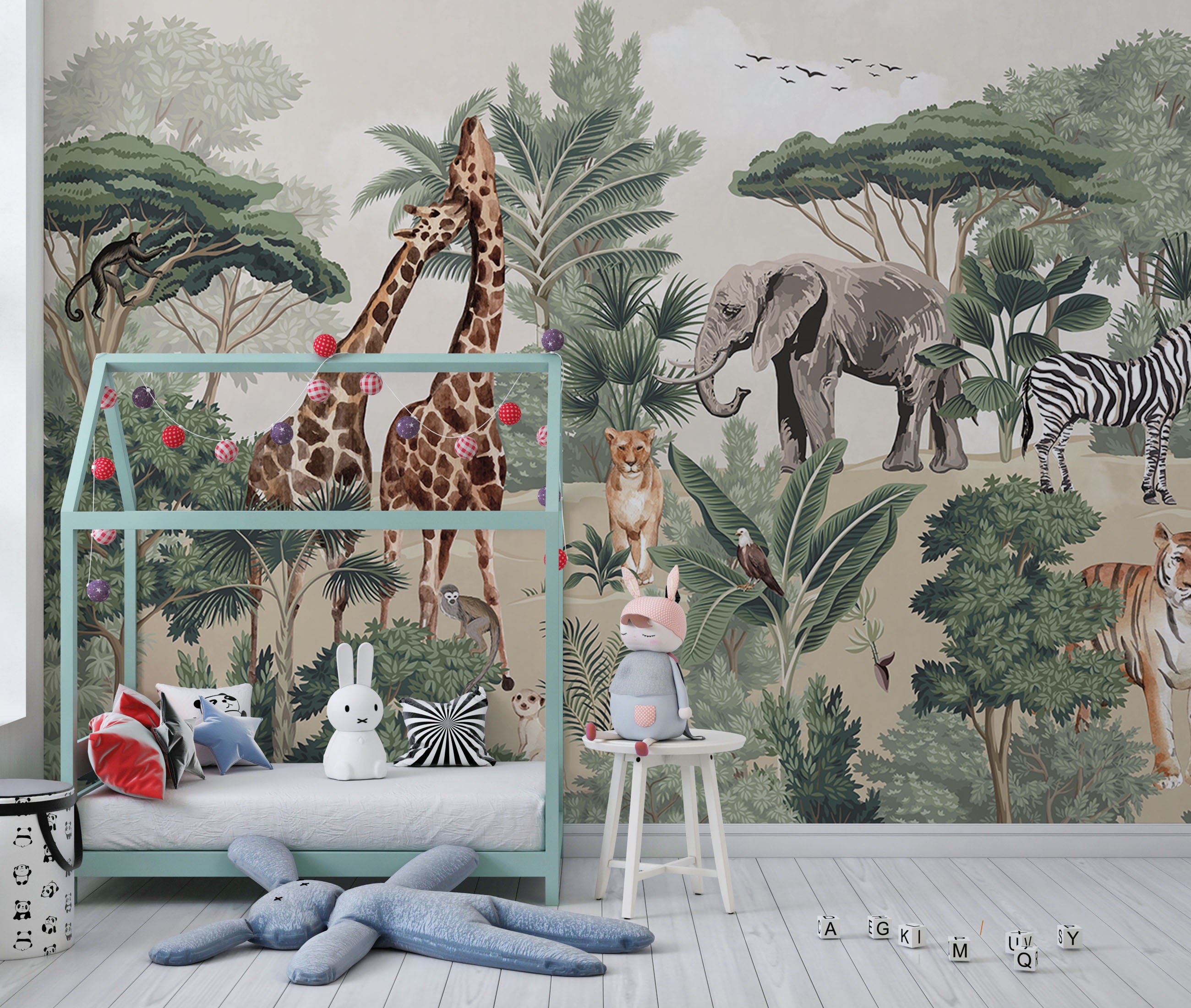 Nursery Jungle Animals, Africa Safari Animals Kids Wallpaper, Tropical  Animals Nursery Mural, Giraffe Lion Elephant Zebra Child Room Mural - Etsy  Denmark