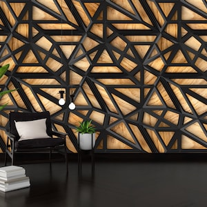 Office Wall Decor, Wood Oak Look Black Roof Lattice Background Self Adhesive 3D Wall Decor, Textured Wall Mural, Living Room Wallpaper