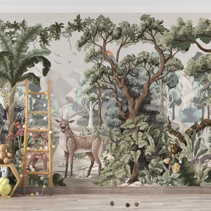 Papier peint forêt salle de jeux enfant, décoration murale forêt tropicale pour chambre d'enfant, papier peint forêt chambre de bébé, papier peint chambre d'enfant chevreuil arbres des bois, déco jungle