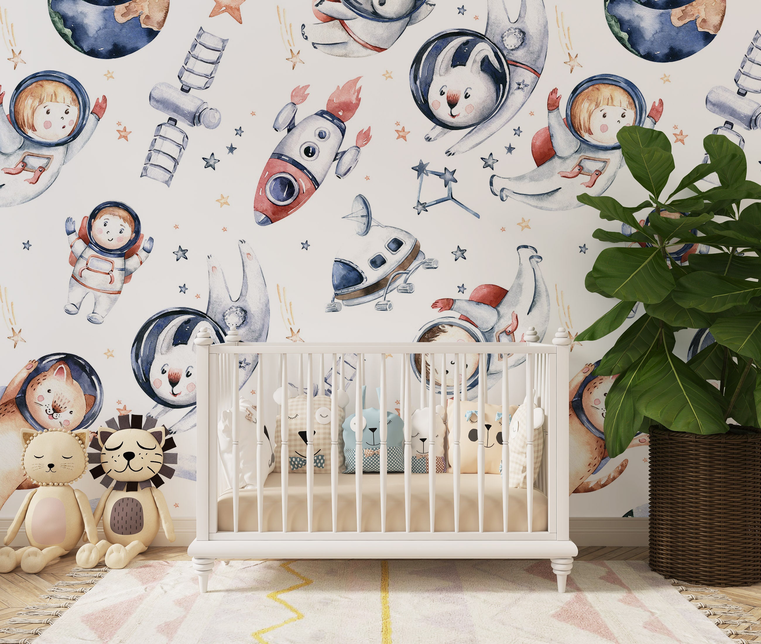 Space Nursery Wall Mural, Astronaut Kids Room Decor, Galaxy Wallpaper ...
