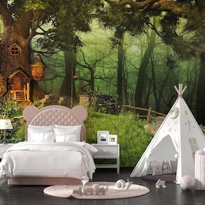 Baumhaus Zauberwald Kinder Tapete, Kinderzimmer Fee Waldhäuser Schälen und Aufkleben Kinderzimmer Wandbild, Magisches Walddschungel Wandbild