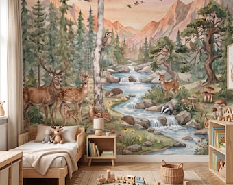 Watercolor Woodland Nursery Wallpaper, Forest Animals Wall Mural, Mountain Forest Baby Room Decor