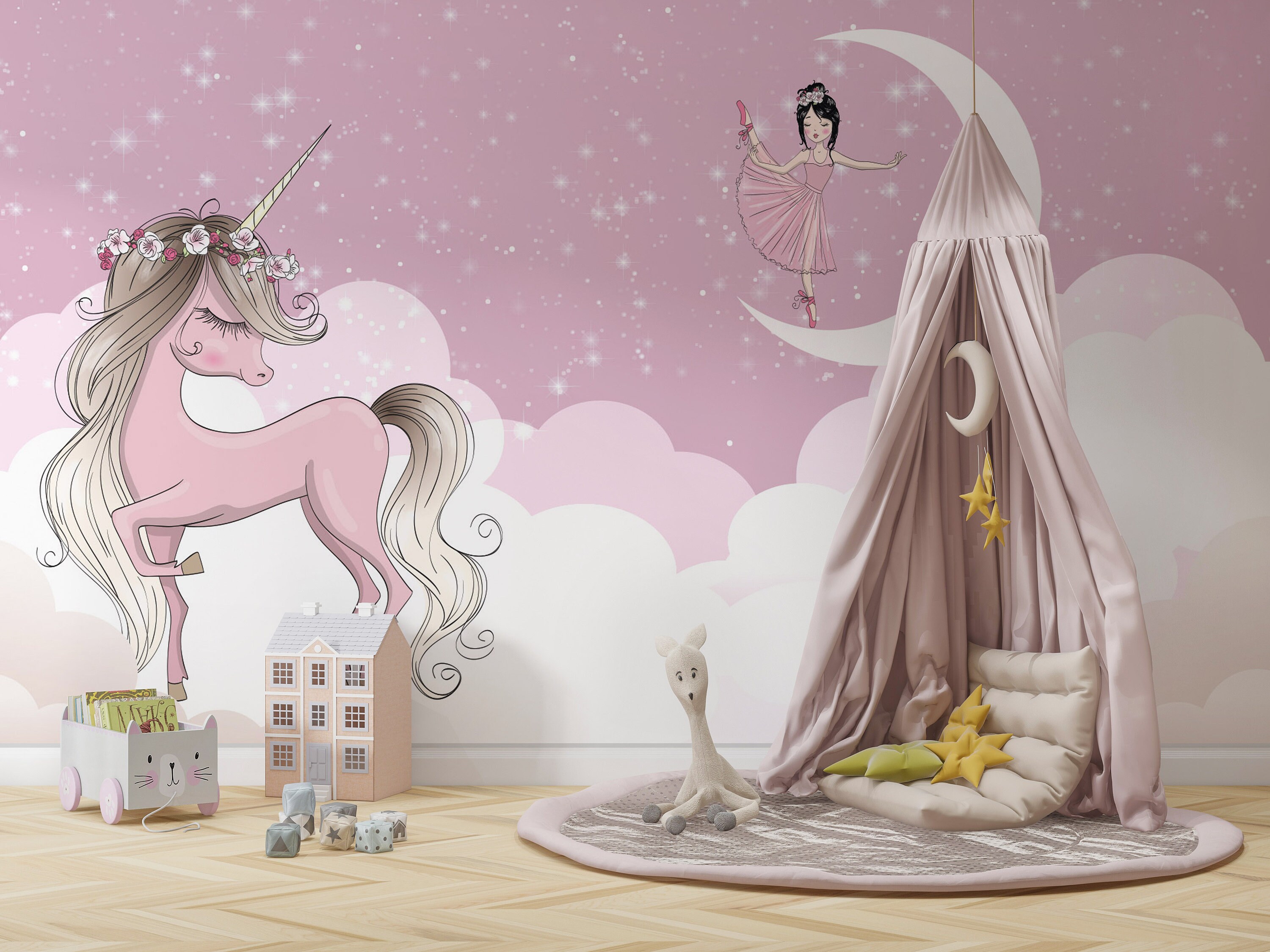 Unicorn and Ballerina Kids Wallpaper European Style Forest - Etsy