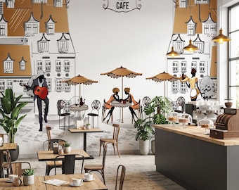 French Cafe Wallpaper, Vintage European Street Mural, Retro Coffee Shop Peel and Stick