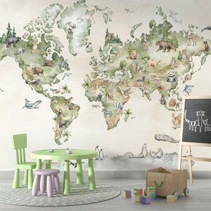 Immagine di mappa del mondo educativa e divertente per bambini, carta da parati con mappa del mondo per la cameretta dei bambini, murale decorativo con mappa del mondo per la cameretta dei bambini, murales da parete color pastello