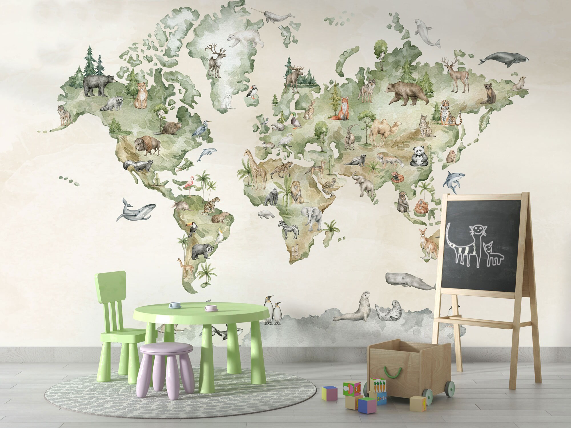 Watercolor Animal World Map Kids Room Wallpaper – Educational School ...