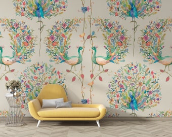 Peacock Wall Murals, Watercolor Effect Colorful Peacock Wallpaper, Peacock Feathers Wall Decor, Asian Design Peacock Wall Art Decor Mural