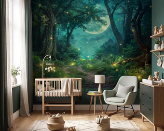 Magical Forest Nursery Wallpaper Moonlight Fireflies Wall Mural Peel and Stick