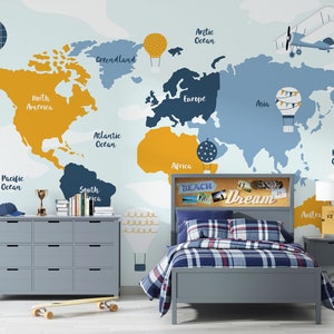 Carte du monde pour l'imagination des enfants, papier peint carte du monde enfants, animaux montgolfières chambre d'enfant chambre d'enfant papier peint autocollant