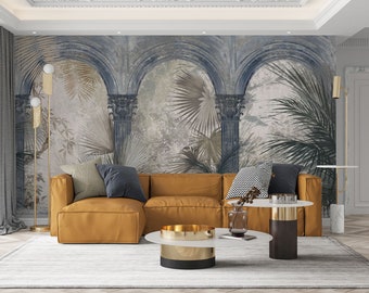 Murales de pared de arcos antiguos, papel tapiz con patrón de hojas de palmeras tropicales, mural de pared de arco, murales de paisajes de bosques tropicales, murales antiguos
