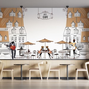 Karamellfarben Stilvolles, modernes Coffee Shop Wandbild, Coffee Shop Tapete im französischen Stil, Französisches Cafe Dekor, anpassbares Cafe Wandbild
