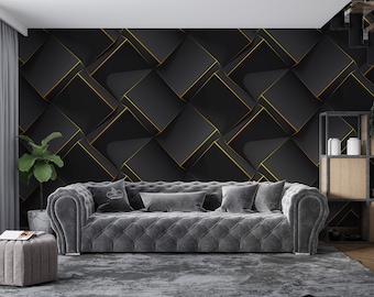 3D Perceptive Modern Abstract Living Room Wall Mural Decor, Office Murals, Custom Sizes Wallpaper, 3D Look Dark Geometric Pattern Wallpaper