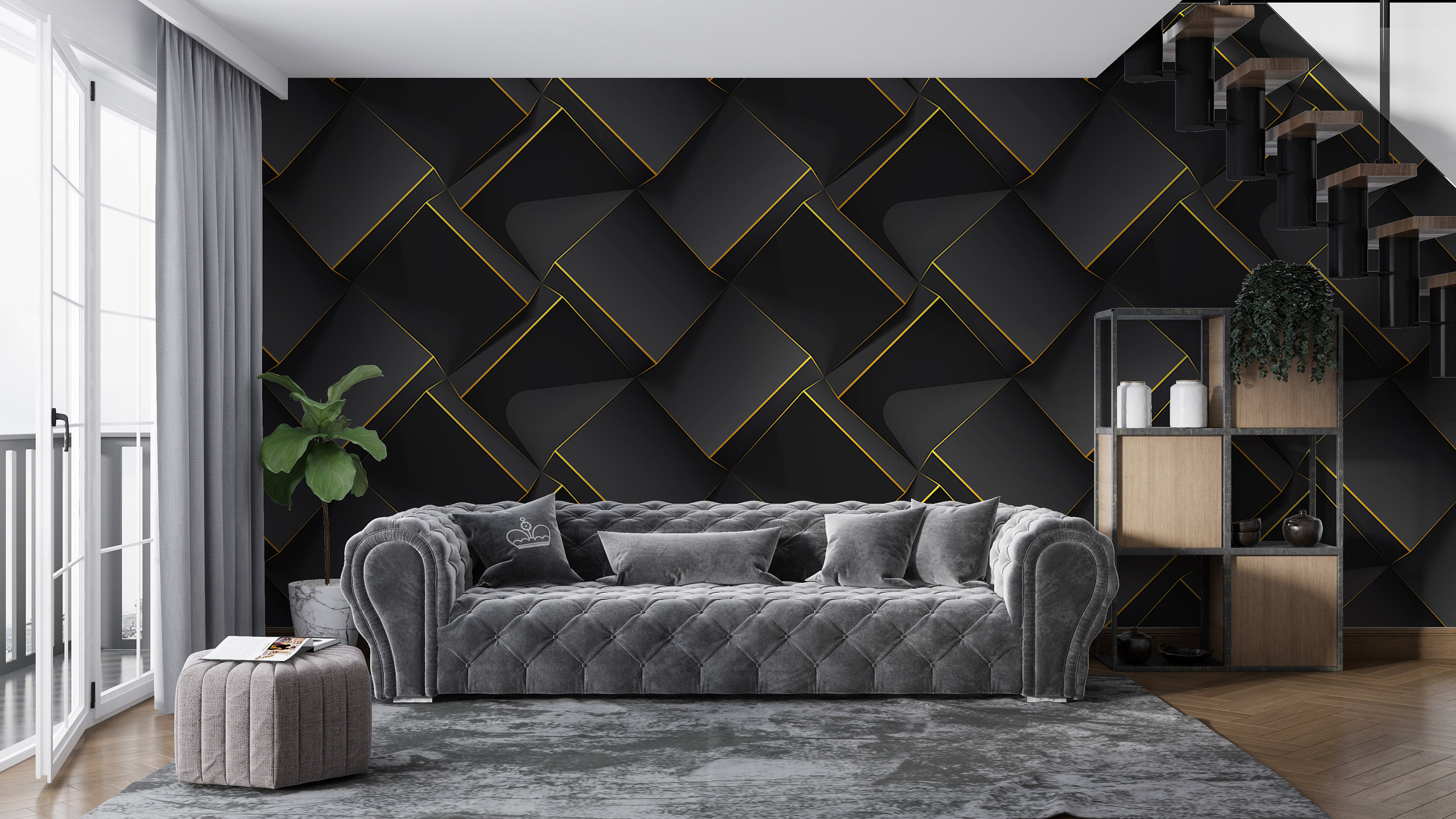 3D Look Dark Geometric Pattern Wallpaper, 3D Perceptive Modern Abstract Living Room, Office Murals, Custom Sizes Self Adhesive Wallpaper