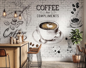 Coffee Shop Wall Mural, Vintage Cafe Brick Wallpaper for Kitchen