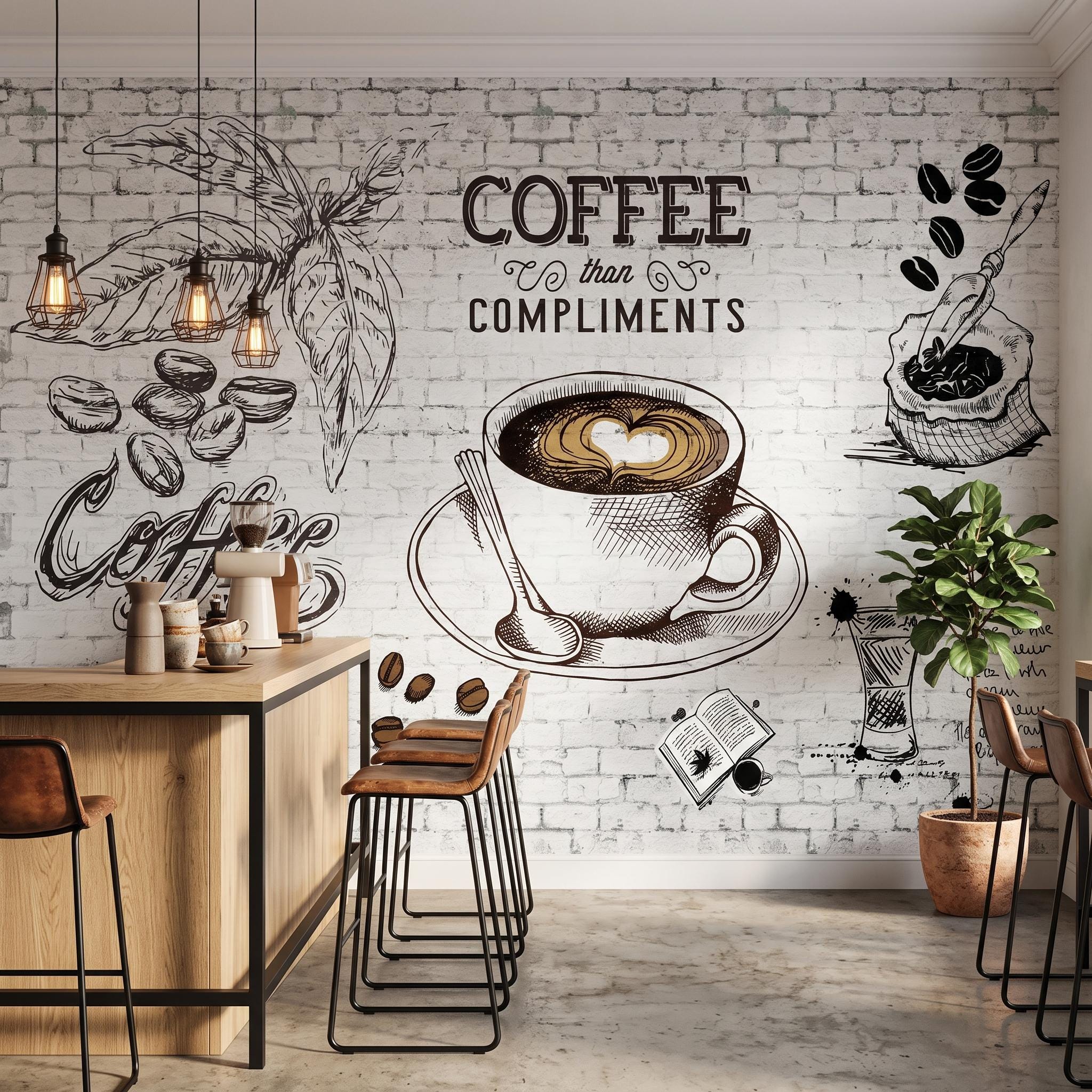 Coffee Shop Wall Mural, Vintage Cafe Brick Wallpaper for Kitchen