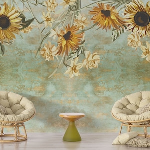 Vintage Sunflowers Mural Self Adhesive Large Scale Wallpaper, Floral Peel Stick Wallpaper, Yellow Green Colors Flowers Removable Wall Murals