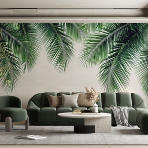 Green Large Palm Leaves Mural, Badroom Living Room Wallpaper, Palm Trees Wall Mural, Palm Leaf Bathroom Murals, Tropical Peel Stick Wallaper