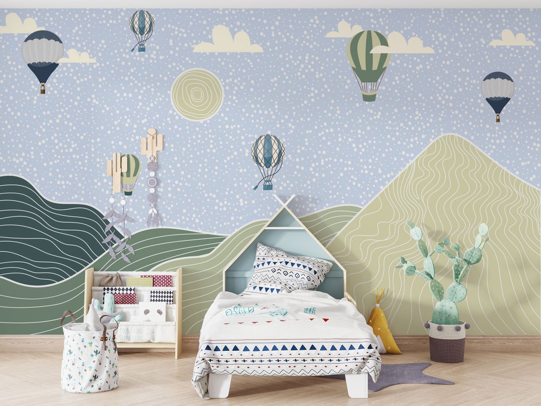 Mountain Hot Air Balloon Kids Wallpaper - Peel & Stick Nursery Mural - Etsy