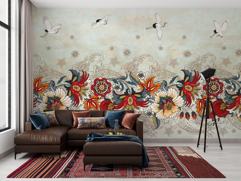 Chinoiserie Peel and Stick Wallpaper Mural Turquoise Vintage Etsy