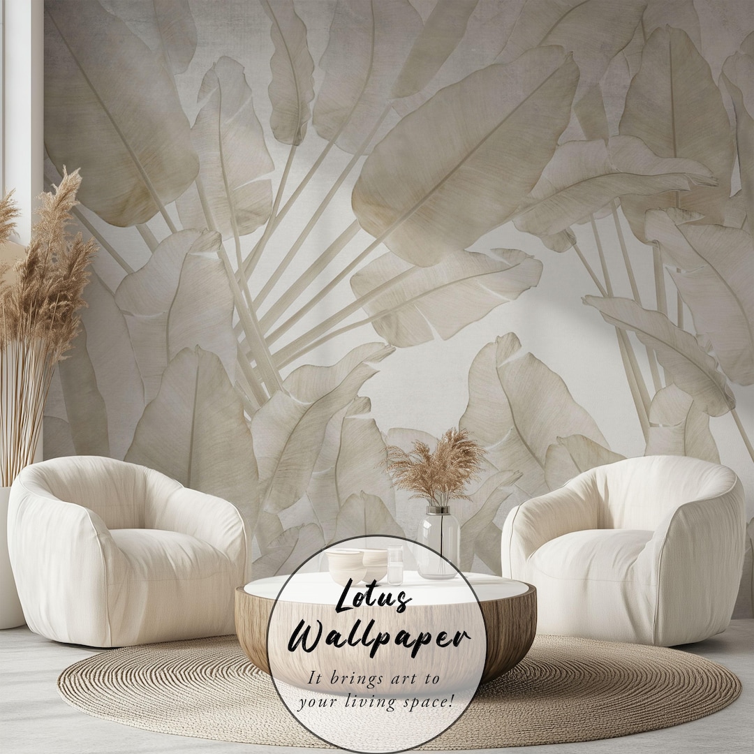Beige Banana Leaf Wallpaper - Tropical Boho Peel and Stick Wall Mural ...