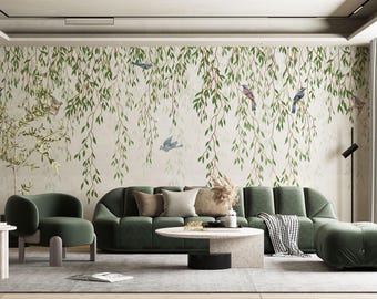 Green Eucalyptus Peel and Stick Wallpaper, Leaves Wall Decal, Watercolor Leaf Wallpaper, Birds Wall Mural Self Adhesive Paper