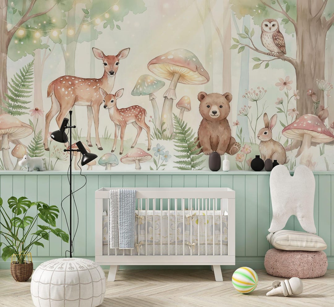 Woodland Nursery Wallpaper, Watercolor Forest Animals Wall Mural, Deer ...
