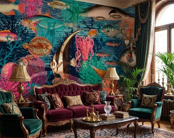 Vintage Underwater Wallpaper, Dark Moody Coral Reef Mural, Antique Marine Life Peel and Stick