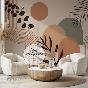 Peut inclure: Une peinture murale avec des formes abstraites en terre cuite, vert sauge et beige, des silhouettes botaniques brun foncé et des lignes ondulées. Un cercle superposé affiche le texte Lotus Wallpaper It brings art to your living space!